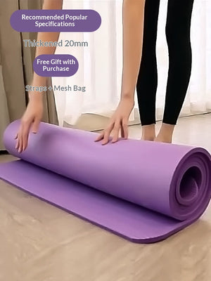 Non-slip shock-absorbing yoga mat in purple, pink, and black with free strap
