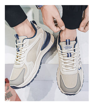 Men's breathable mesh sports sneakers in beige and gray with thick rubber sole