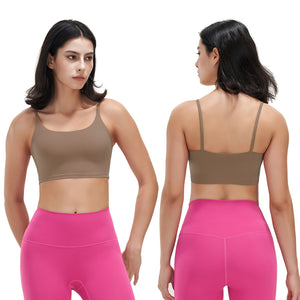 Women's strappy padded sport bra with square neckline and removable pads
