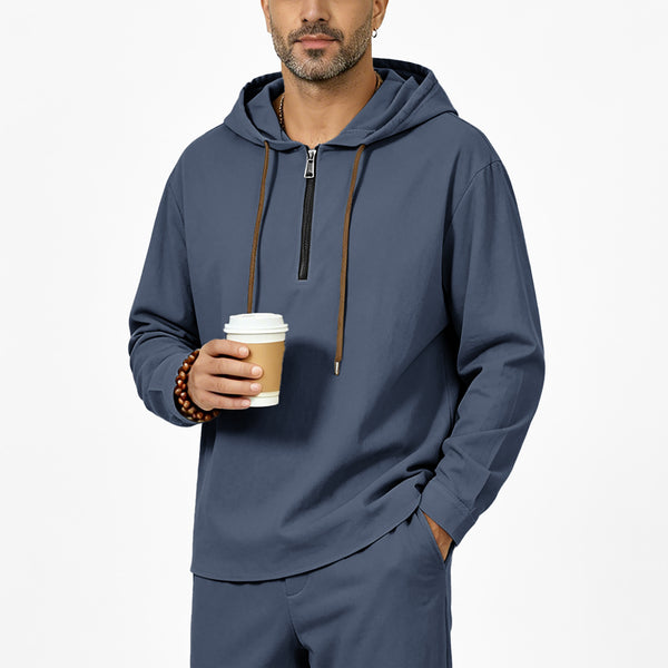 Men's linen hooded half-zip sweatshirt in various colors and sizes