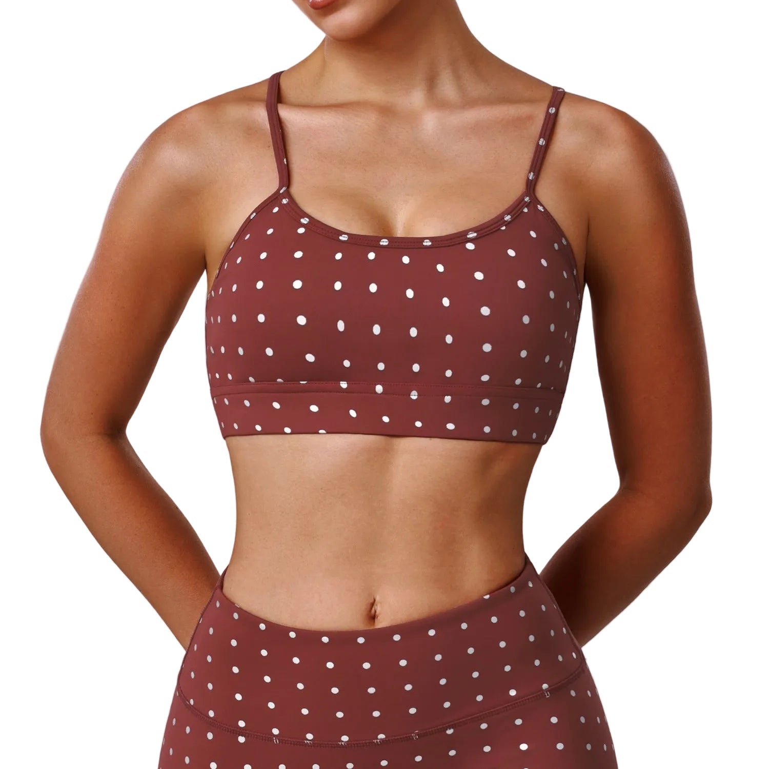 Push-up shockproof silver polka-dot yoga bra in rust red and black colors