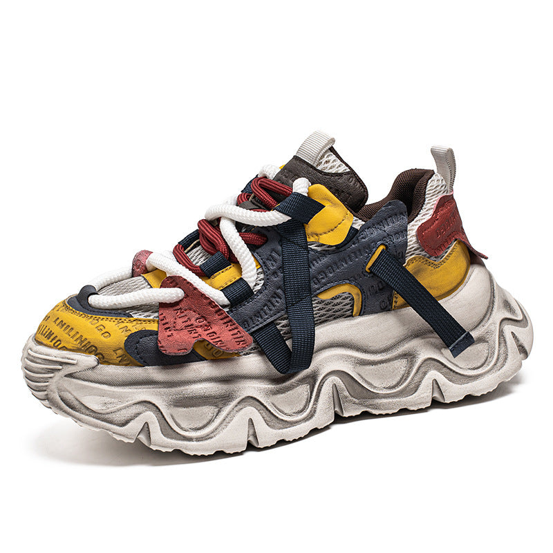 Mens breathable casual dad shoes in reddish yellow, black, and white colors