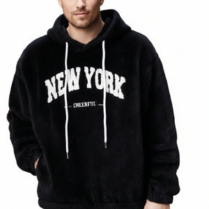 Men's casual sporty hooded sweatshirt available in gray, khaki, black, and navy blue colors