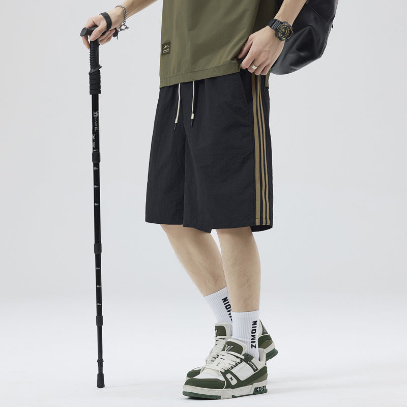 Men's quick-dry casual shorts with side ribbon stripes in black and khaki