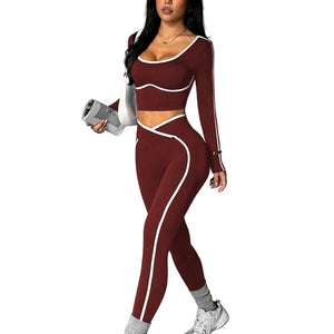 Color-block U-neck backless long-sleeve yoga set with crossed-waist tight pants in various colors