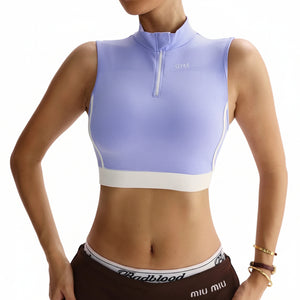 Purple women's hollowed-out back yoga top in various views