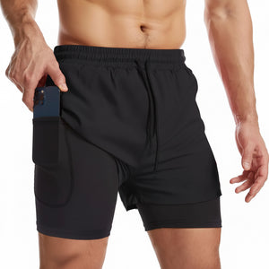 Men's double layer quick dry running shorts with built-in liner and side thigh pocket