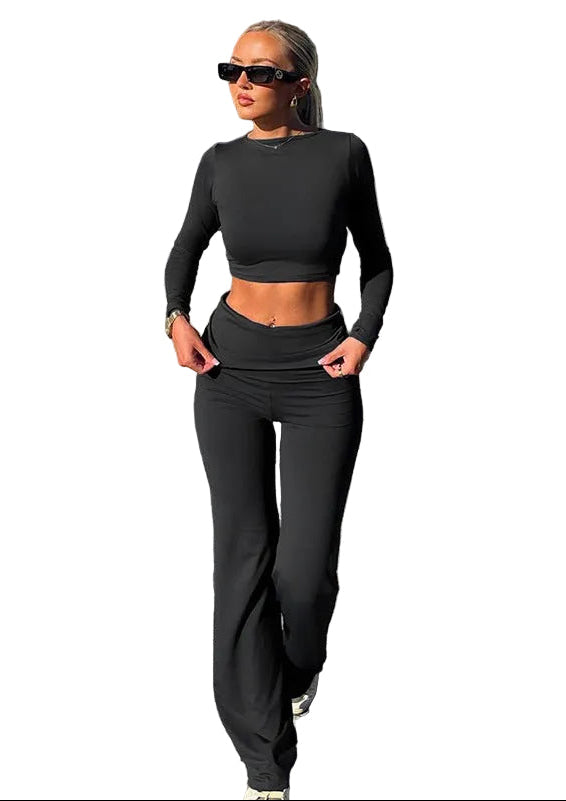 WOMEN'S SOLID COLOR ROUND NECK FITNESS YOGA TWO-PIECE SET