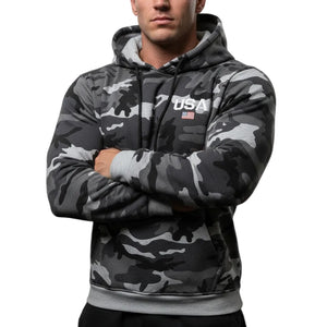 Men's thicker casual camo hoodie in gray, green, and blue colors