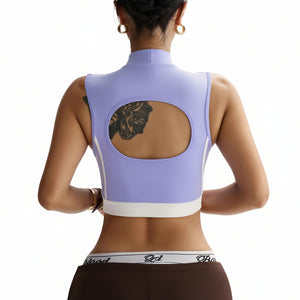 Purple women's hollowed-out back yoga top in various views