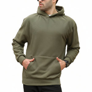 Men's casual long-sleeve hoodie in various colors including white, black, khaki, army green, and navy blue