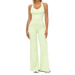 Womens yoga set with V-neck sleeveless top and slim straight pants in Badge Blue