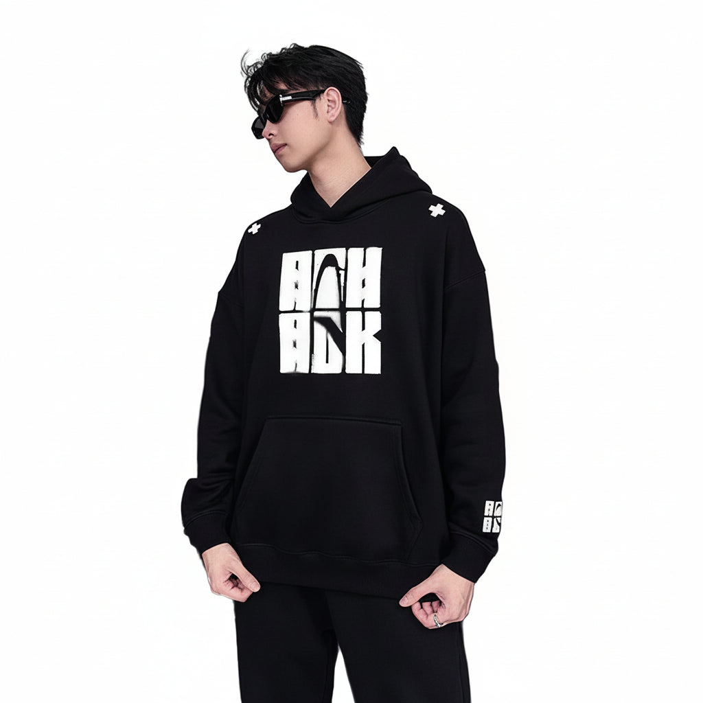 Heather gray embroidered men's hoodie in black and light gray colors with patch pockets