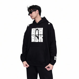 Heather gray embroidered men's hoodie in black and light gray colors with patch pockets