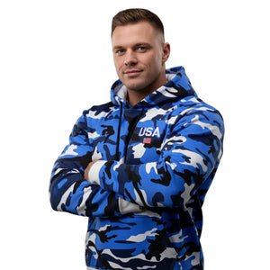 Men's thicker casual camo hoodie in gray, green, and blue colors