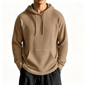 Men's relaxed-fit waffle knit hooded jacket in navy blue with raglan sleeves