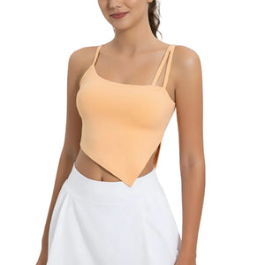 Women's summer yoga tank top with built-in bra in soft peach, black, and white colors