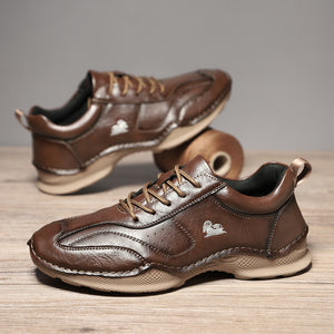 Men's casual flat leather slip-on shoes in multiple colors with stitched rubber outsole