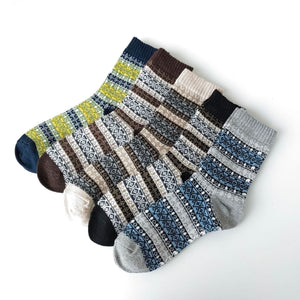 Vintage ethnic-style men's wool winter socks in assorted color block patterns