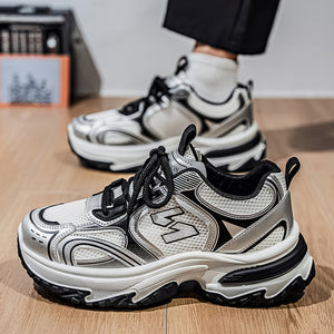 Men's chunky dad sneakers in beige, gray, and silver with breathable mesh and thick sole
