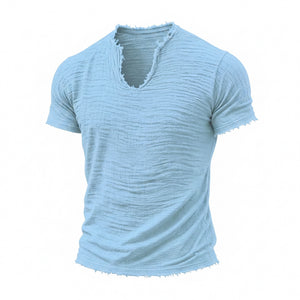 Retro cotton-linen v-neck t-shirt with feathered hem in various colors