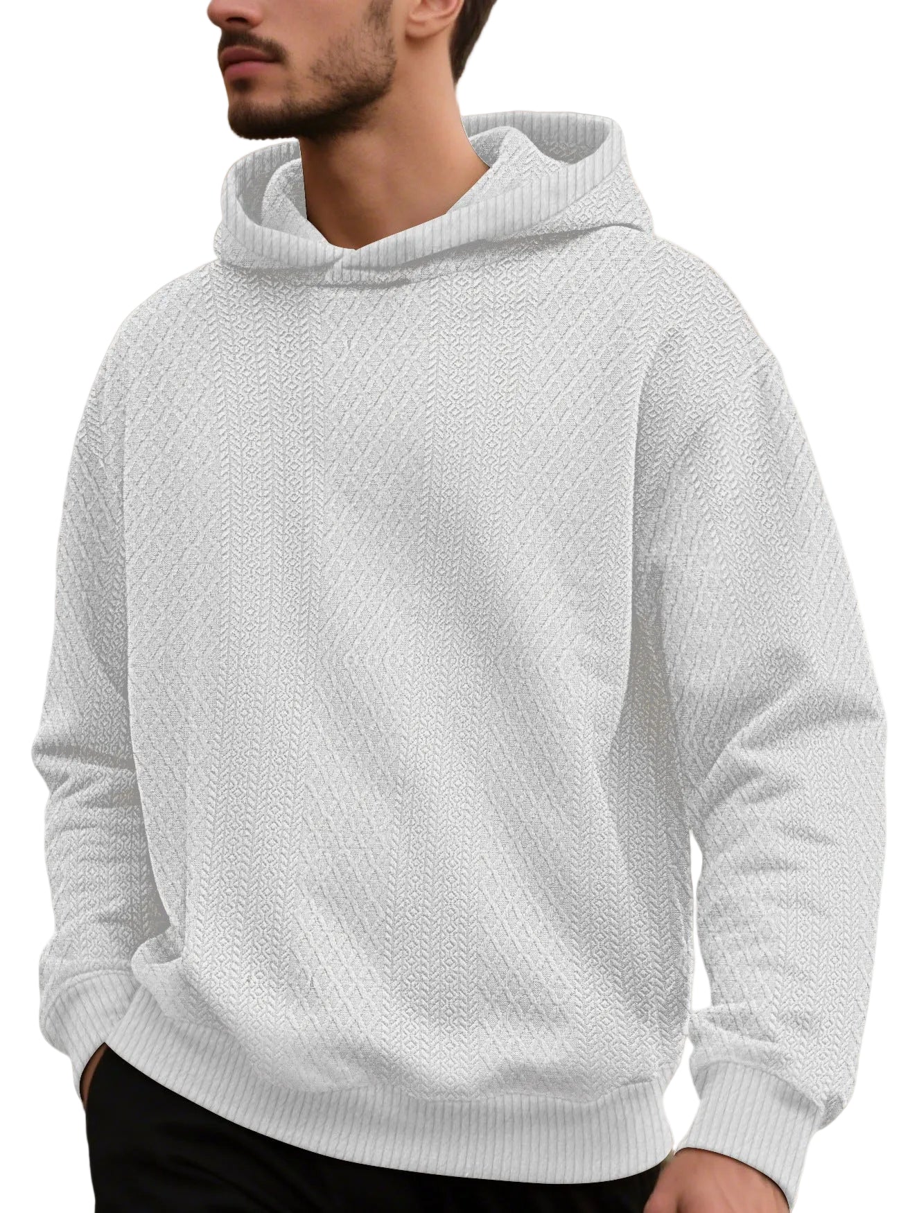 Loosefit jacquard men's hoodie in multiple colors with patch pockets and relaxed fit