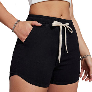 Plus size black A-line drawstring denim shorts for women
