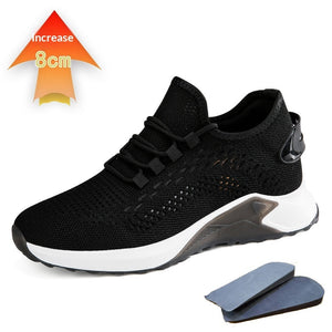 Men's black and white invisible height-increasing casual sports mesh shoes in multiple views