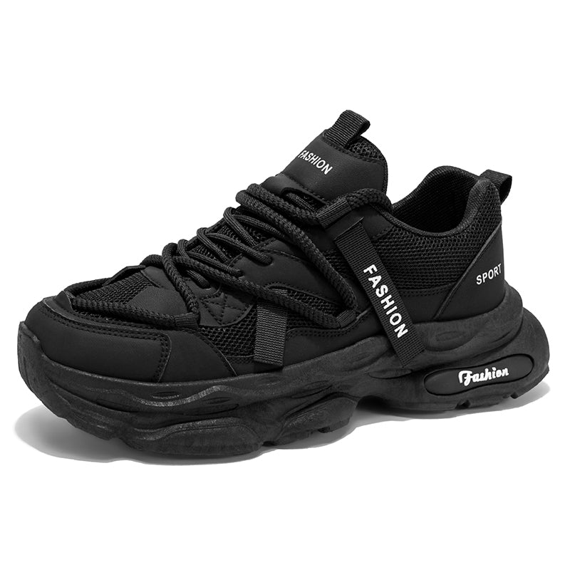 Men's autumn chunky dad sneakers in black and army green with lace-up closure