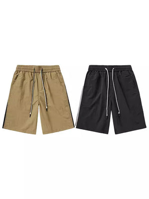 Men's quick-dry casual shorts with side ribbon stripes in black and khaki
