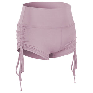 Women's side drawstring sports shorts in various colors including black, blue, green, red, grey, and purple
