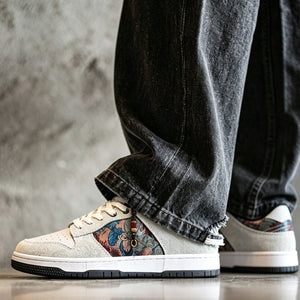 Men's low-top painted and embroidered sneakers with split leather and mesh lining