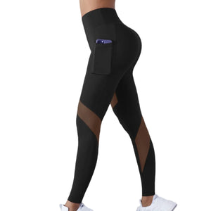 Black mesh stitching yoga cropped sports leggings with peach-hip contouring