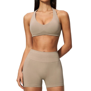 Halter-neck high-waisted tummy-control shorts set for women in multiple colors