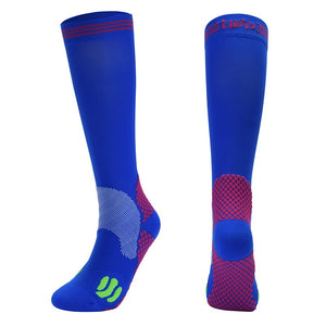 Moisture-wicking running socks in various colors and tube heights for men and women