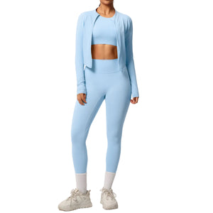 Breathable form-fitting women's workout three-piece activewear set in various colors