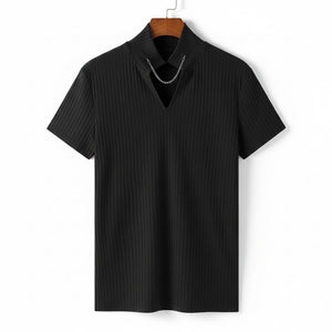 Men's brick red V-neck knitted short-sleeve ribbed t-shirt