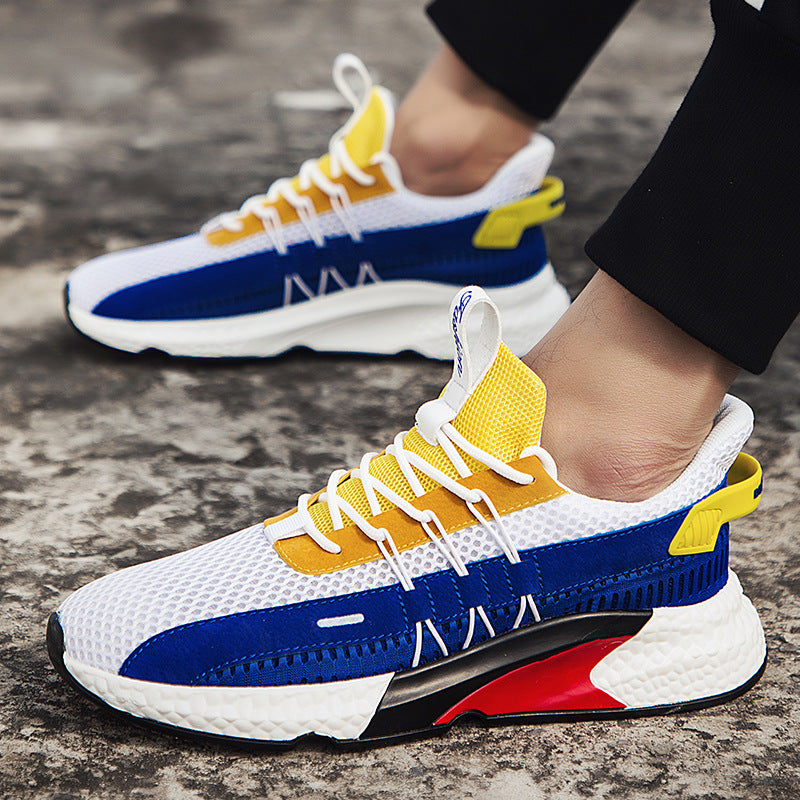 Lightweight men's walking trainers in white yellow, white red, and black blue color options