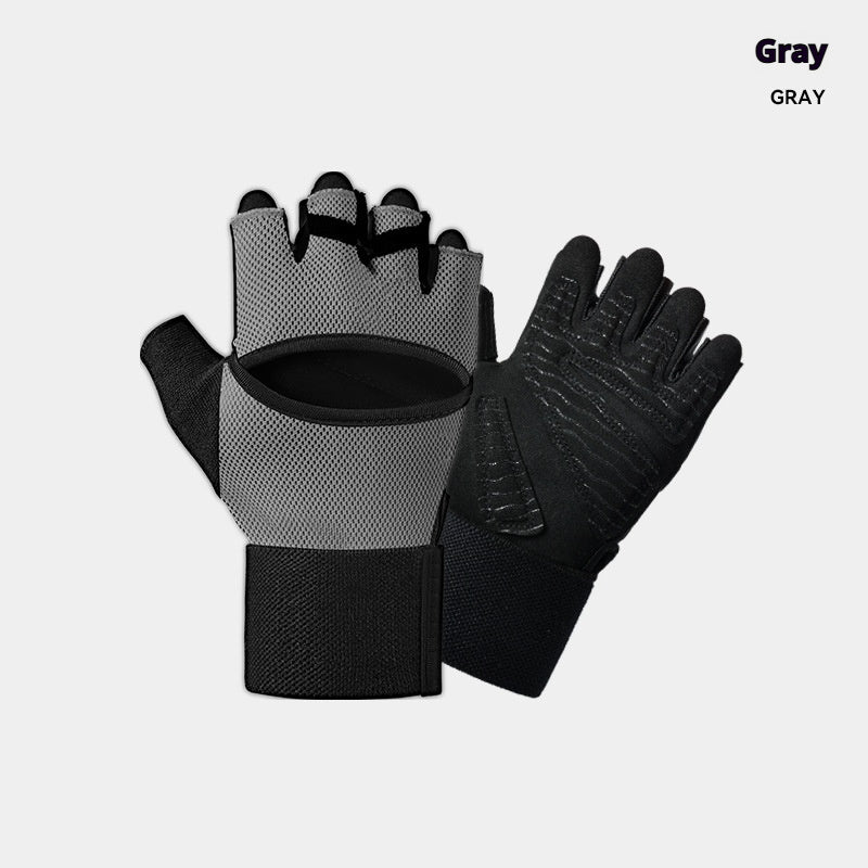 Gym gloves with built-in wrist straps in gray, black, and pink for pull-up and dumbbell exercises
