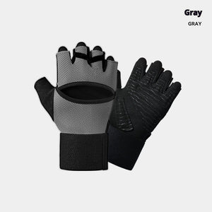 Gym gloves with built-in wrist straps in gray, black, and pink for pull-up and dumbbell exercises