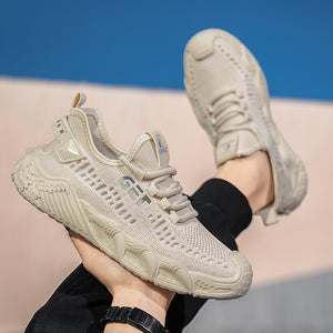 Men's breathable fly knit mesh running sneakers in black, beige, and gray