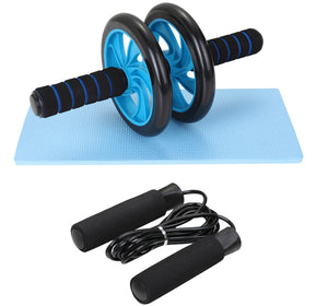 Push-up bracket gripper fitness set including AB roller, skipping rope, knee pad, and spring exerciser