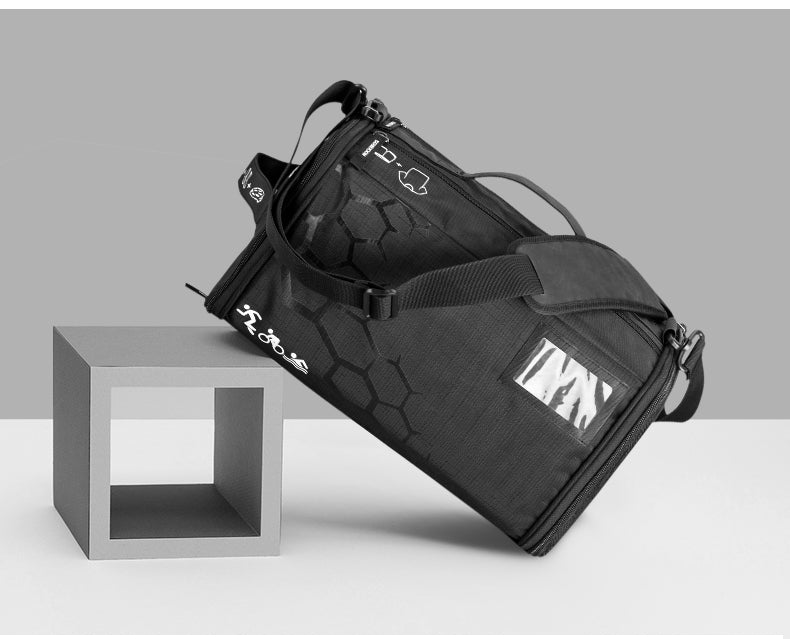 Triathlon training storage bag with multiple compartments and shoe storage