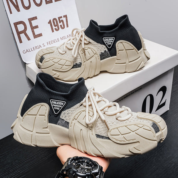 Men's breathable mesh fly knit casual sneakers in black and beige