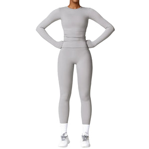 Women's quick-dry brushed yoga set with long sleeve top and high waist leggings in various colors