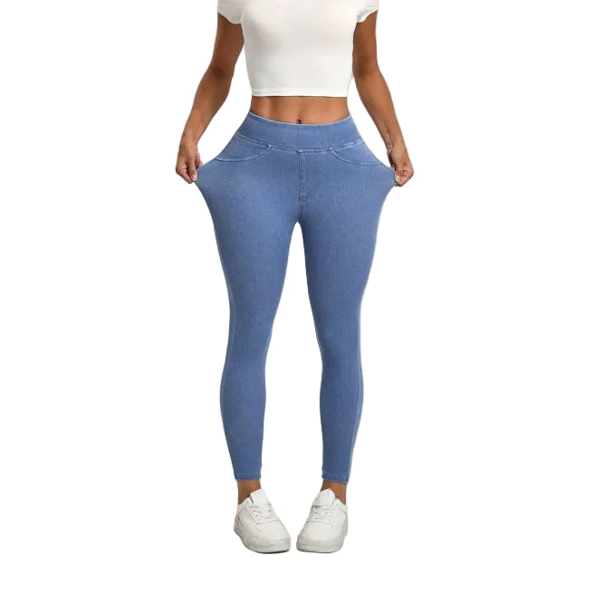 High waist slimming sports pants with double pockets in light blue, dark blue, and black colors