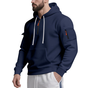 Men's long-sleeve hooded sweatshirt with patch pockets in various colors