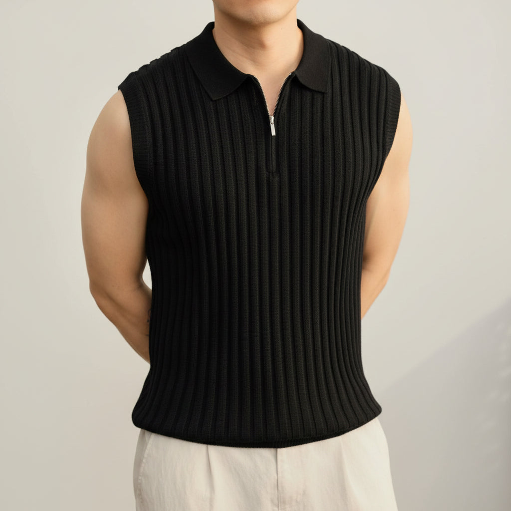 Men's sleeveless knit T-shirt with zipper accents in various colors
