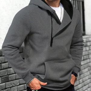 Men's color-block hooded half-zip sweatshirt in white, black, light gray, and dark gray
