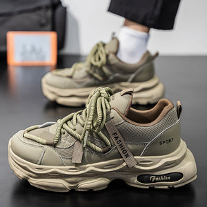 Men's autumn chunky dad sneakers in black and army green with lace-up closure